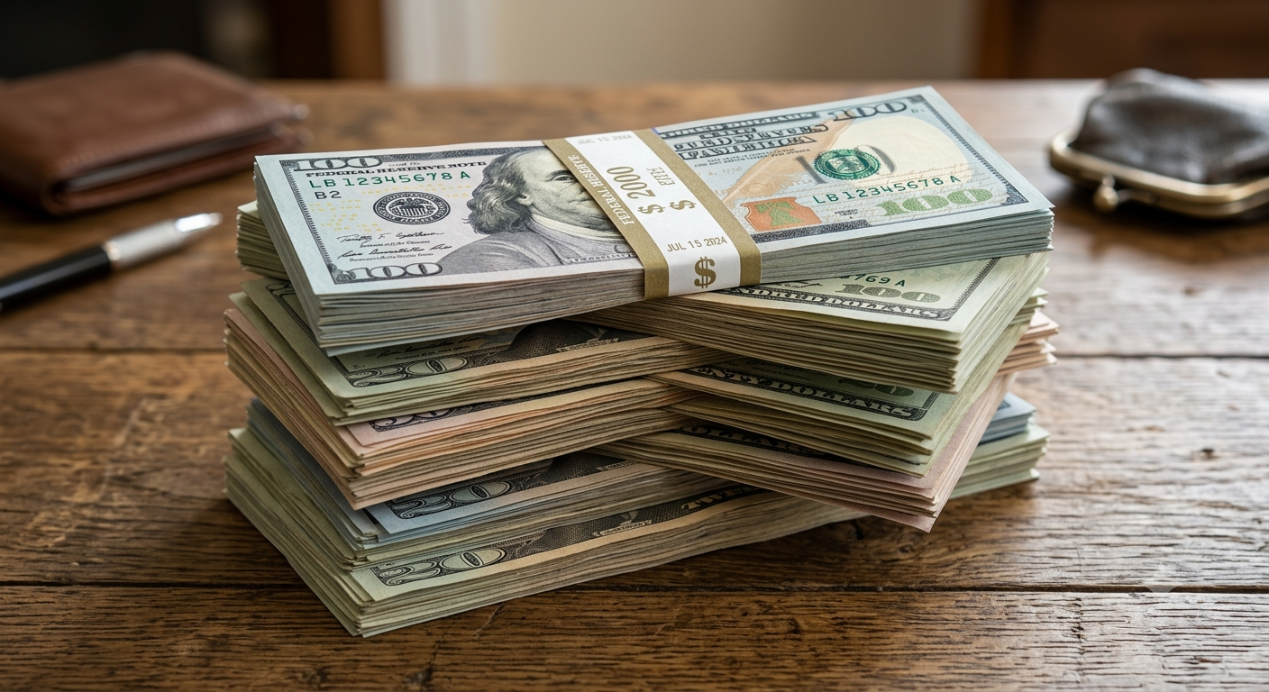 stack of us bills on a wooden table